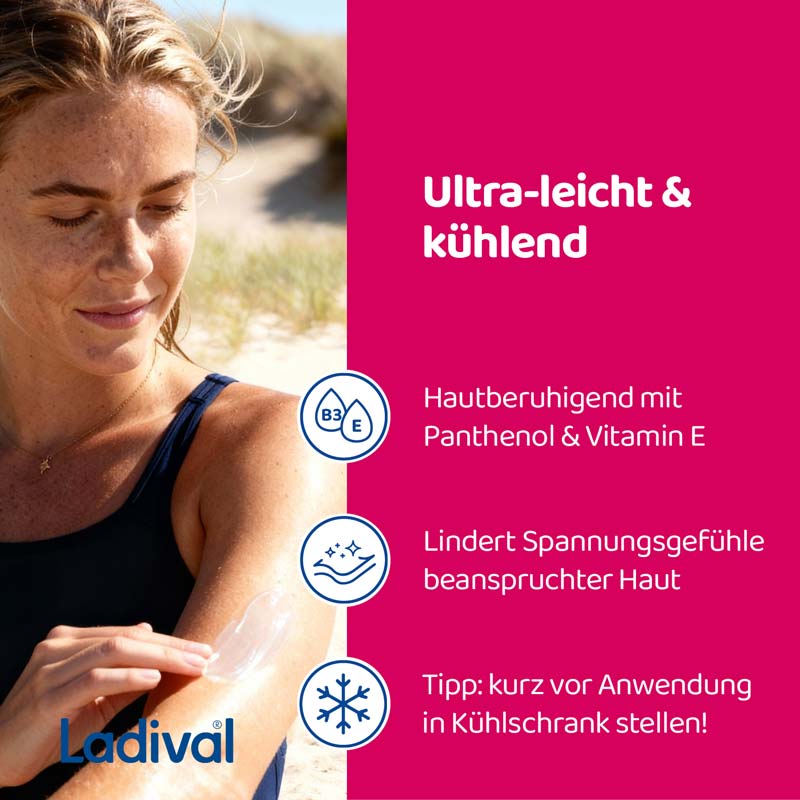 Ladival Sonnengestresste Haut Akut, After Sun Repair für den Körper, regeneriert mit Photolyase, feuchtigkeitsspendend und kühlend, mit Panthenol und Vitamin E, 200ml