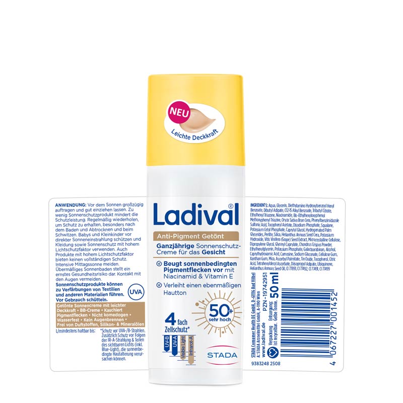 Ladival Anti-Pigment Getönt Sonnenschutz-Creme Gesicht LSF 50+: Sonnencreme Anti-Pigmentflecken mit Niacinamid & Vitamin E, kaschierende BB Cream für ebenmäßige Haut, nicht komedogen mit leichter Deckkraft, 50 ml