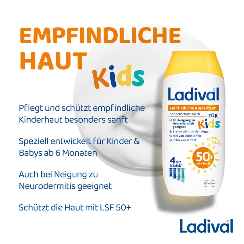 Ladival Empfindliche Kinderhaut Sonnenschutz-Milch LSF 50+: Sonnencreme für Kinder und Babys ab 6 Monaten, extra wasserfest, mit 4-fach Zellschutz, 200ml