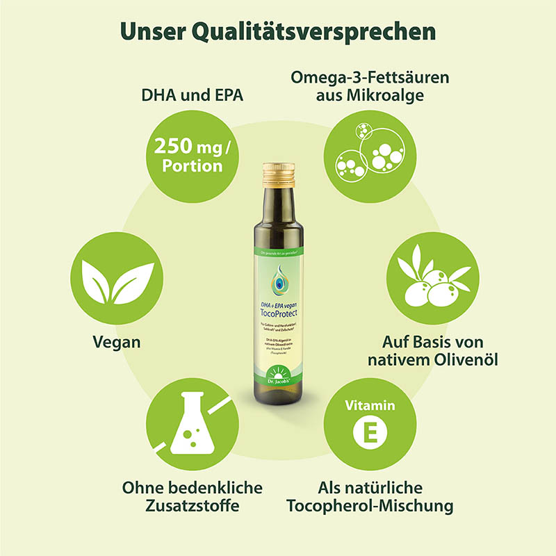 DHA + EPA vegan TocoProtect 250 ml Algenöl Olivenöl Omega-3