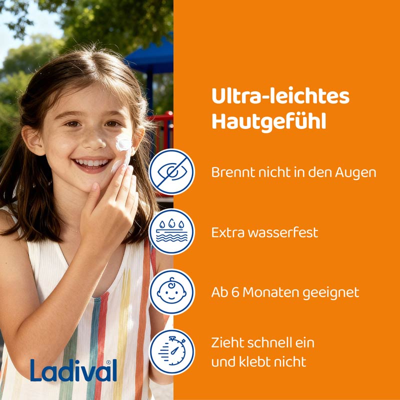 Ladival Empfindliche Kinderhaut Sonnenschutz-Creme Gesicht & Körper LSF 50+: Sonnencreme für Kinder und Babys ab 6 Monaten, pflegend, wasserfest, mit 4-fach Zellschutz, 50ml
