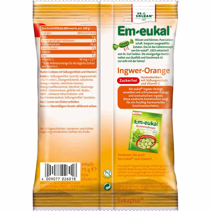 Em-eukal Ingwer-Orange zuckerfrei 75 g Bonbons