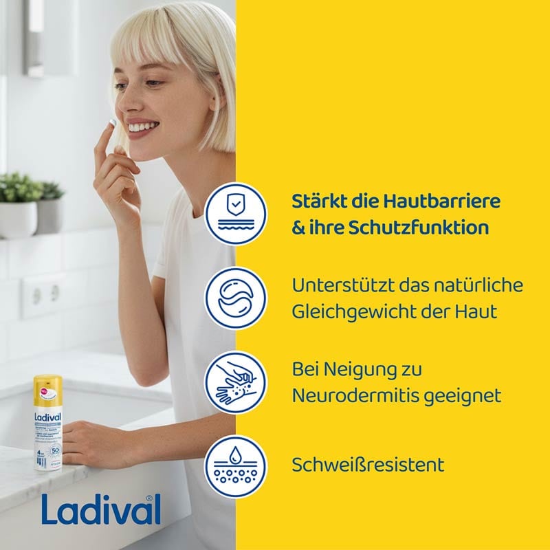 Ladival Hautbarriere Repair Sonnenschutz-Creme Gesicht LSF 50+: Sonnencreme, Feuchtigkeitscreme bei Neigung zu Neurodermitis und strapazierter Haut, stärkt und regeneriert die Hautbarriere, mit Präbiotikum & Phyto-Ceramiden, 50 ml