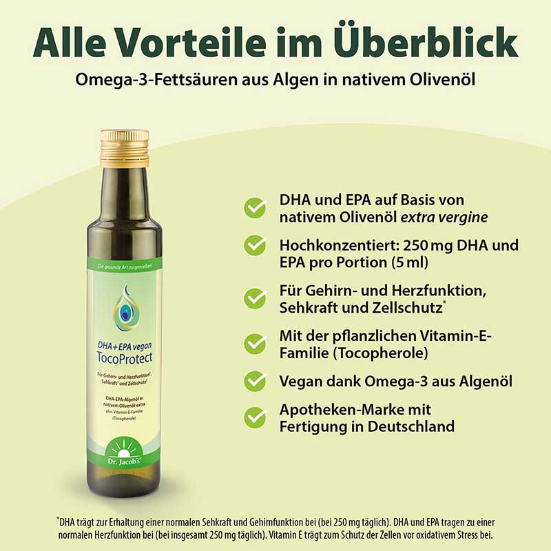 DHA + EPA vegan TocoProtect 250 ml Algenöl Olivenöl Omega-3