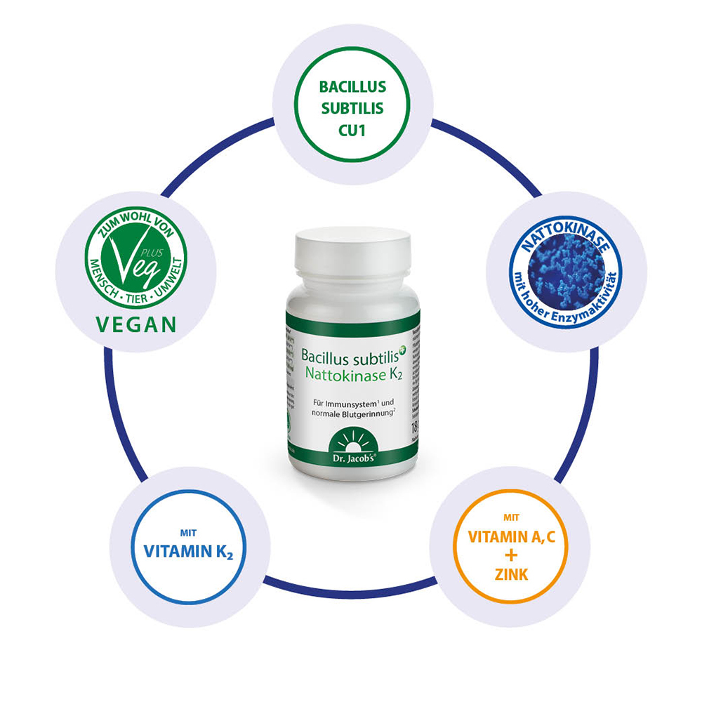 Bacillus subtilis plus Nattokinase-Enzym Vitamin K2 vegan