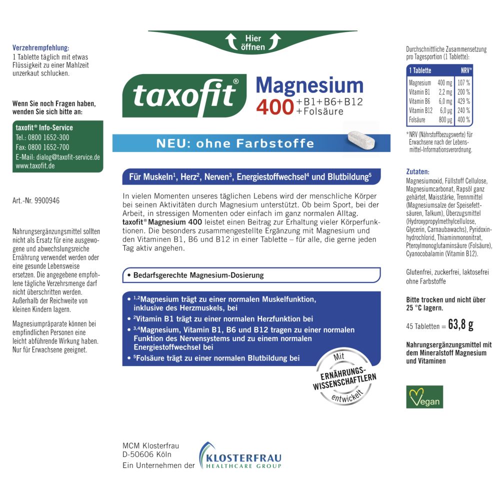 taxofit Magnesium 400 +B1+B6+B12+Folsäure 45 St Tabletten
