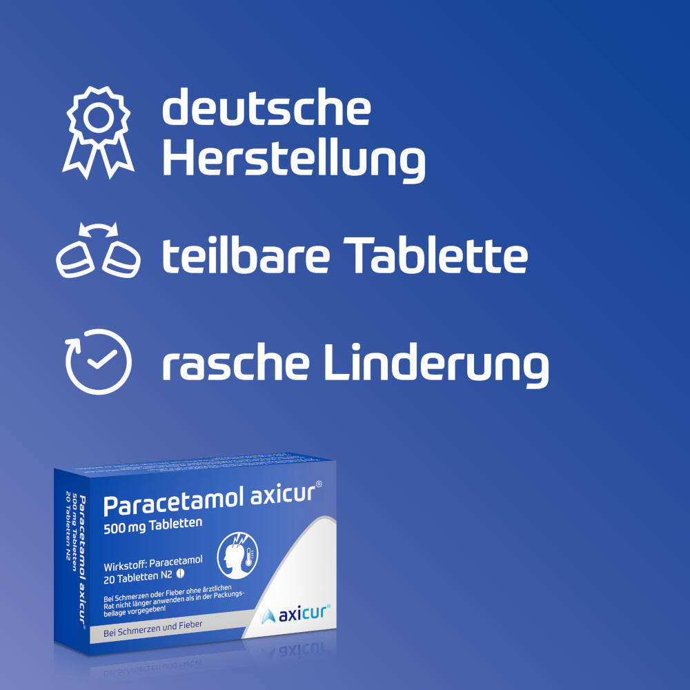 Paracetamol axicur 500 mg Tabletten bei Fieber und Schmerzen 20 St Tabletten