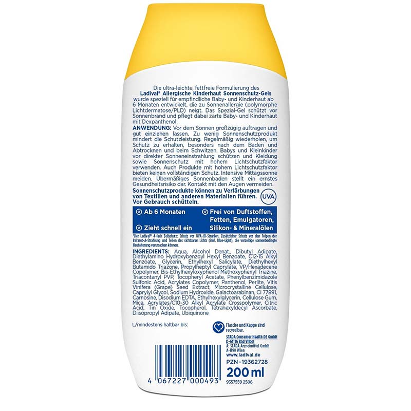 Ladival Allergische Kinderhaut Sonnenschutz-Gel LSF 50+: Sonnencreme für allergische Kinder- und Babyhaut mit Neigung zu Sonnenallergie ab 6 Monaten, pflegend, wasserfest, 200ml