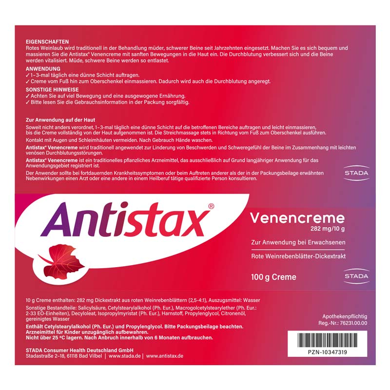 Antistax Venencreme, bei müden, schweren Beinen, Venenschwäche & Krampfadern 100 g Creme