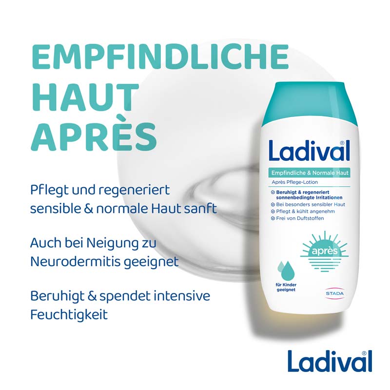 Ladival Empfindliche & Normale Haut Après Pflege-Lotion, After Sun Repair für Erwachsene & Kinder ab 6 Monaten geeignet, kühlt und pflegt nach der Sonne, spendet intensiv Feuchtigkeit, 200ml  