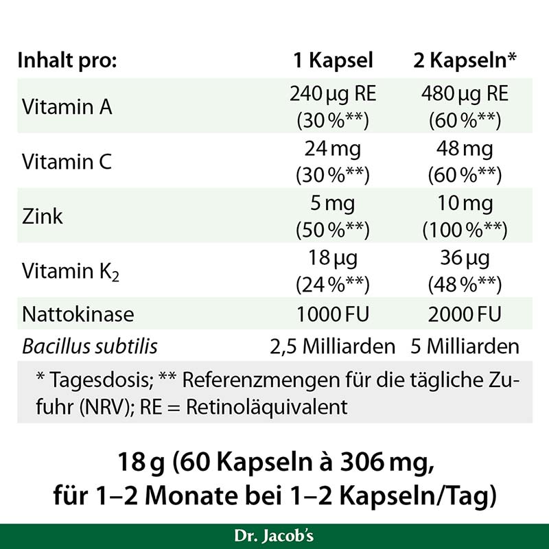Bacillus subtilis plus Nattokinase-Enzym Vitamin K2 vegan