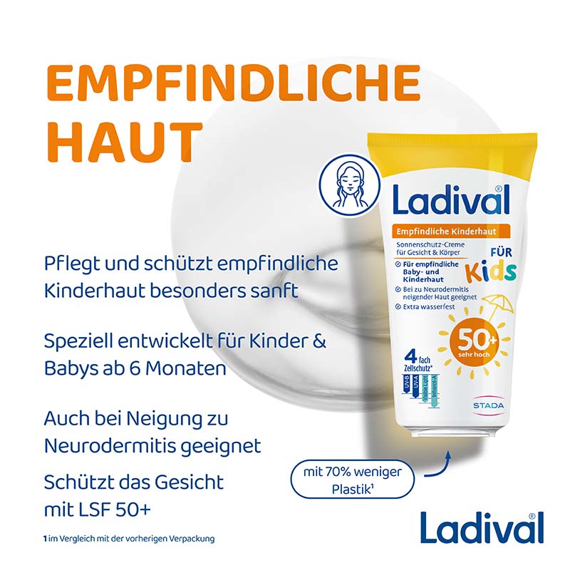 Ladival Empfindliche Kinderhaut Sonnenschutz-Creme Gesicht & Körper LSF 50+: Sonnencreme für Kinder und Babys ab 6 Monaten, pflegend, wasserfest, mit 4-fach Zellschutz, 50ml