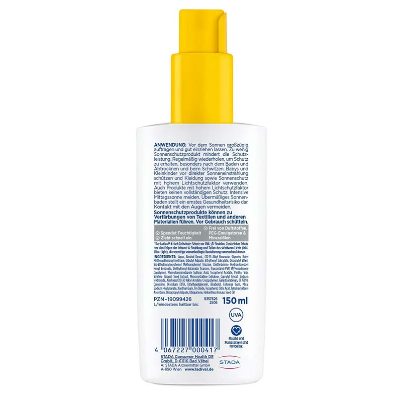 Ladival Trockene Haut Sonnenschutz-Spray LSF 30: Sonnencreme bei Neigung zu Neurodermitis, Psoriasis & bei trockener Haut, beruhigend und pflegend mit Hyaluronsäure, mit 4-fach Zellschutz, wasserfest, 150ml