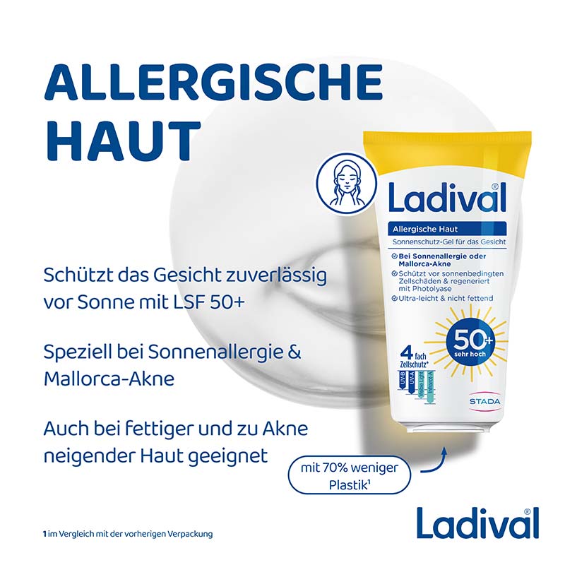 Ladival Allergische Haut Sonnenschutz-Gel LSF 50+: Sonnencreme für das Gesicht bei Sonnenallergie und Mallorca-Akne, mit 4-fach Zellschutz & Photolyase, 50ml