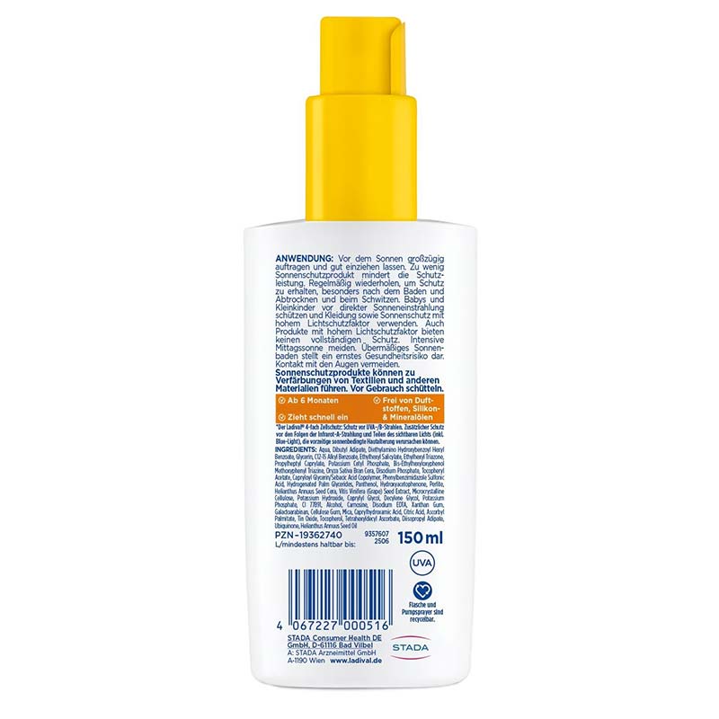 Ladival Empfindliche Kinderhaut Sonnenschutz-Spray LSF 50+: Sonnencreme für Kinder und Babys ab 6 Monaten, pflegend, extra wasserfest, mit 4-fach Zellschutz, 150ml