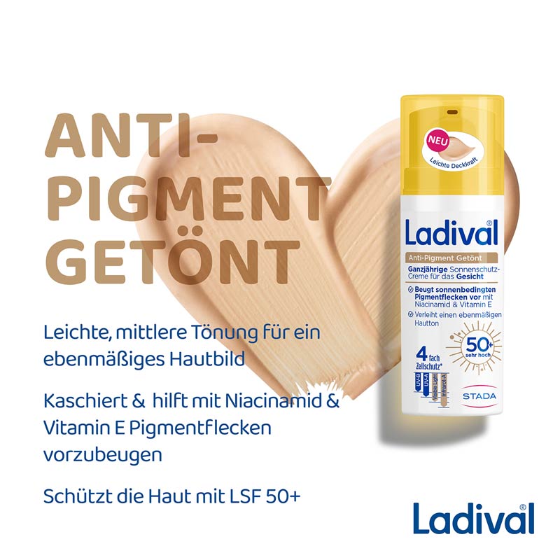 Ladival Anti-Pigment Getönt Sonnenschutz-Creme Gesicht LSF 50+: Sonnencreme Anti-Pigmentflecken mit Niacinamid & Vitamin E, kaschierende BB Cream für ebenmäßige Haut, nicht komedogen mit leichter Deckkraft, 50 ml
