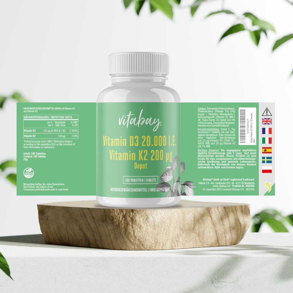 vitabay Vitamin D3 20.000 I.E. + K2 200µg Depot 180 St Tabletten