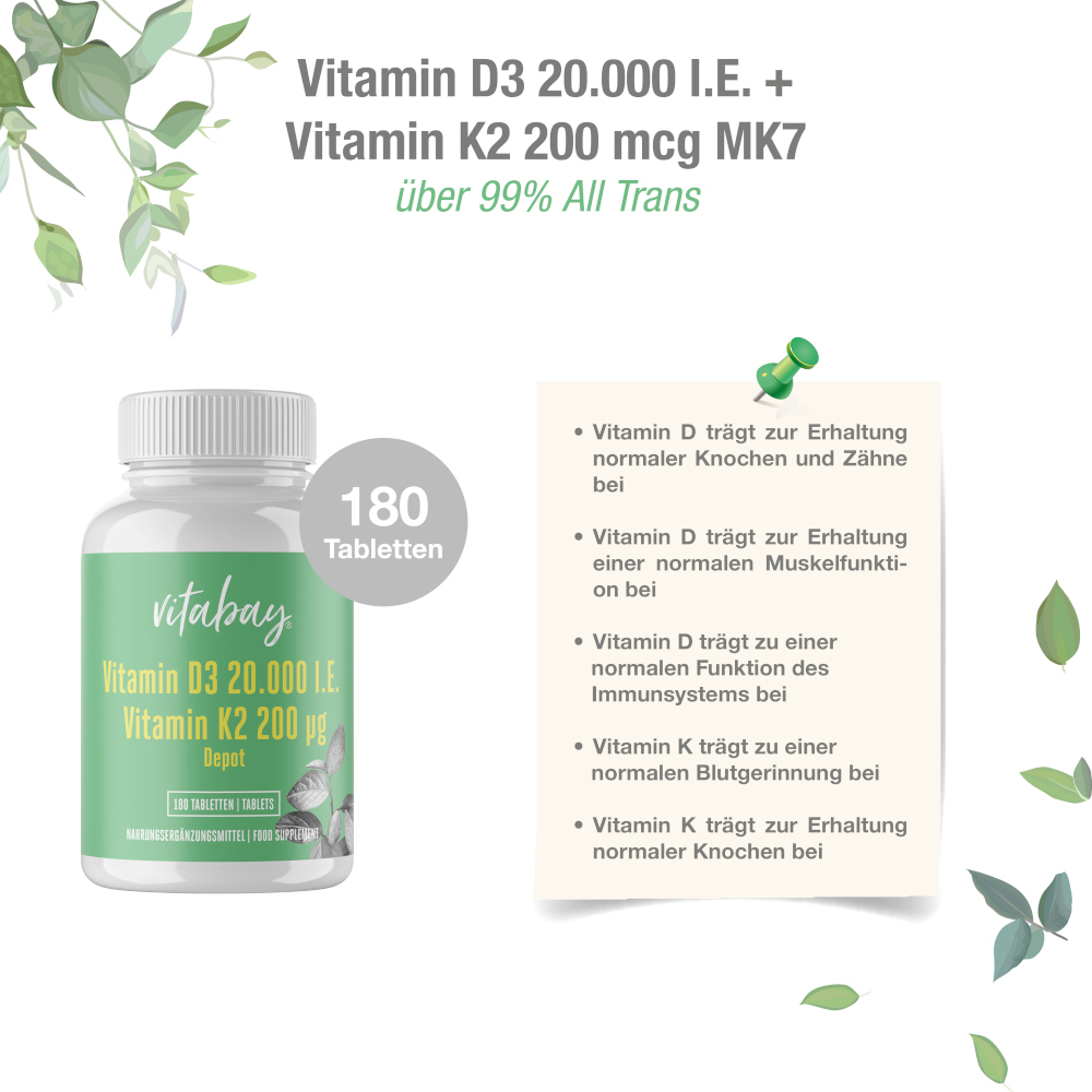 vitabay Vitamin D3 20.000 I.E. + K2 200µg Depot 180 St Tabletten