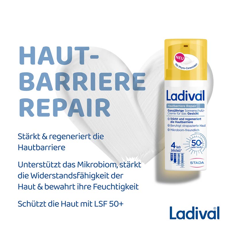 Ladival Hautbarriere Repair Sonnenschutz-Creme Gesicht LSF 50+: Sonnencreme, Feuchtigkeitscreme bei Neigung zu Neurodermitis und strapazierter Haut, stärkt und regeneriert die Hautbarriere, mit Präbiotikum & Phyto-Ceramiden, 50 ml
