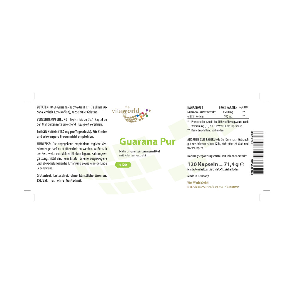 VITA WORLD Guarana Pur 500mg 120 St Kapseln