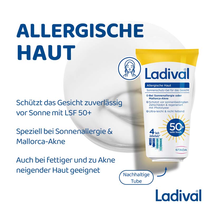 Ladival Allergische Haut Sonnenschutz-Gel LSF 50+: Sonnencreme für das Gesicht bei Sonnenallergie und Mallorca-Akne, mit 4-fach Zellschutz & Photolyase, 50ml