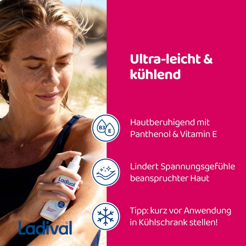 Ladival Sonnengestresste Haut Akut Spray, After Sun Repair für den Körper, regeneriert mit Photolyase, feuchtigkeitsspendend und kühlend, mit Panthenol und Vitamin E, 150ml