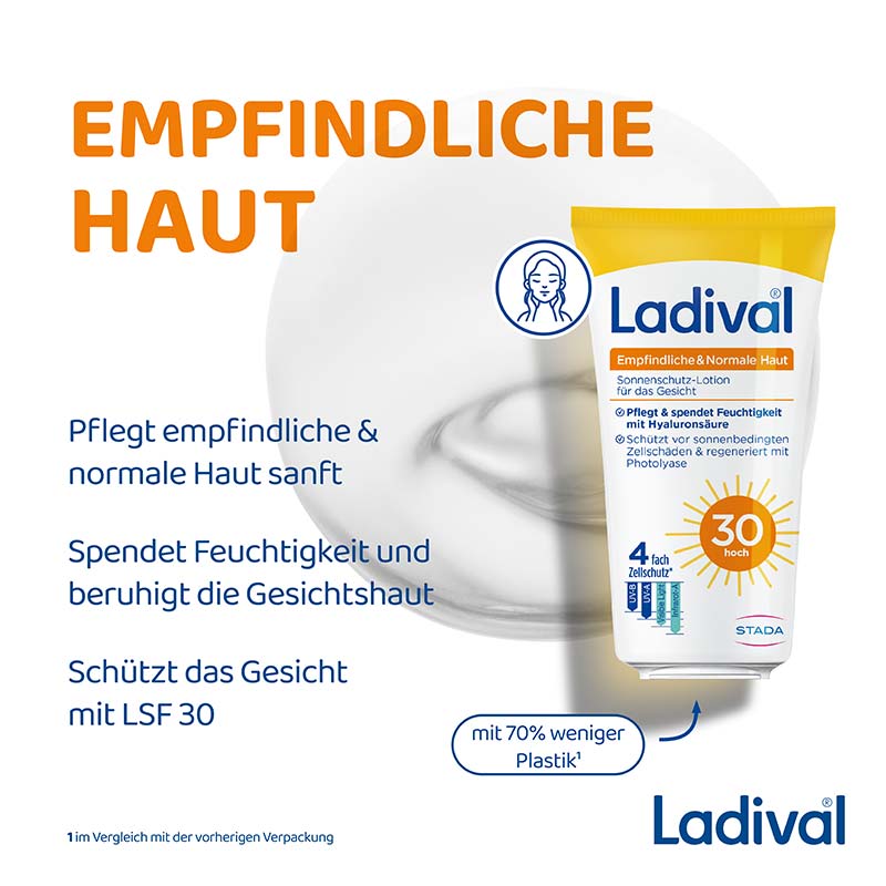 Ladival Empfindliche & Normale Haut Sonnenschutz-Lotion LSF 30: Sonnencreme für das Gesicht bei empfindlicher und normaler Haut, mit 4-fach Zellschutz, Hyaluronsäure & Photolyase, 50ml