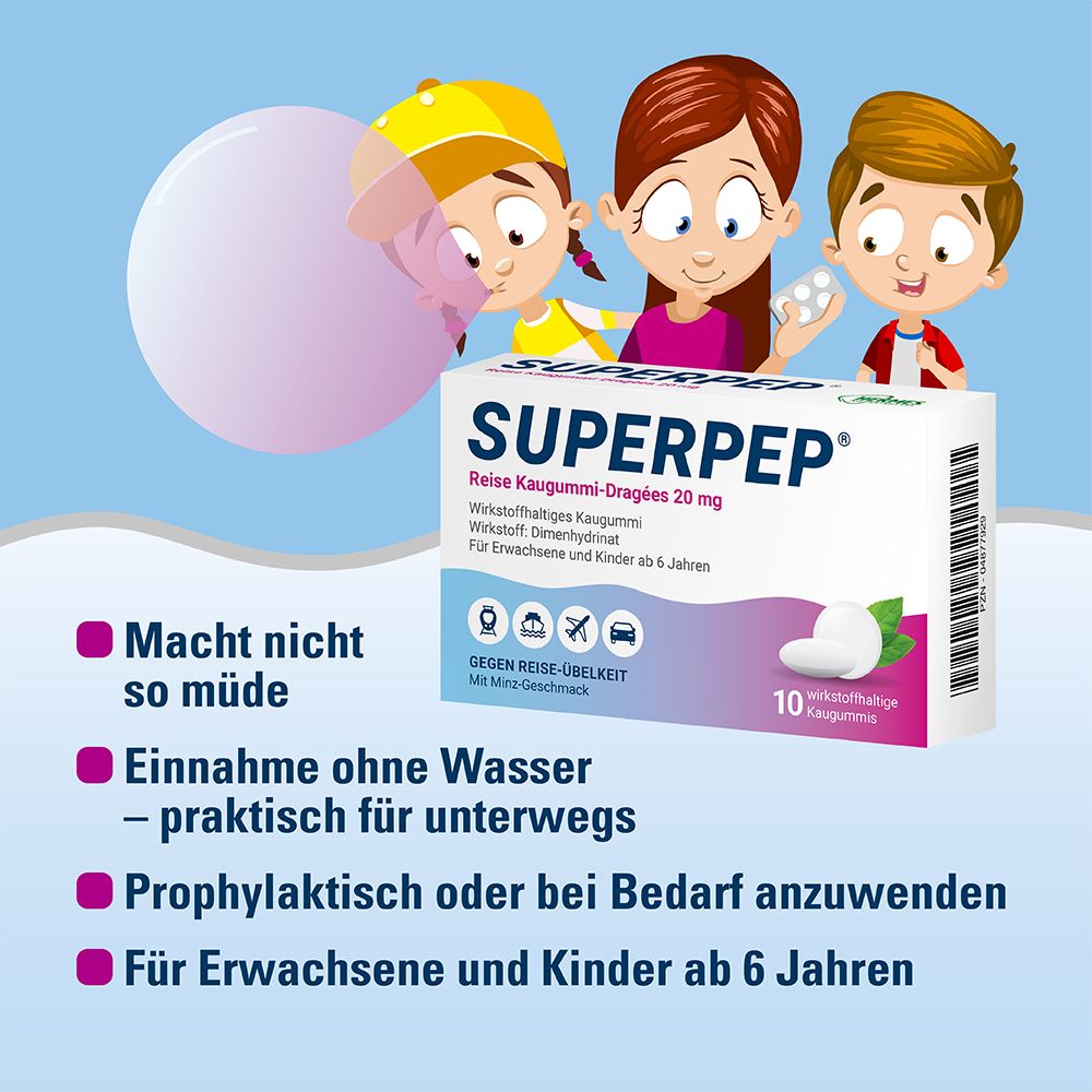 SUPERPEP Reise Kaugummi-Dragées 20 mg 10 St Kaugummi