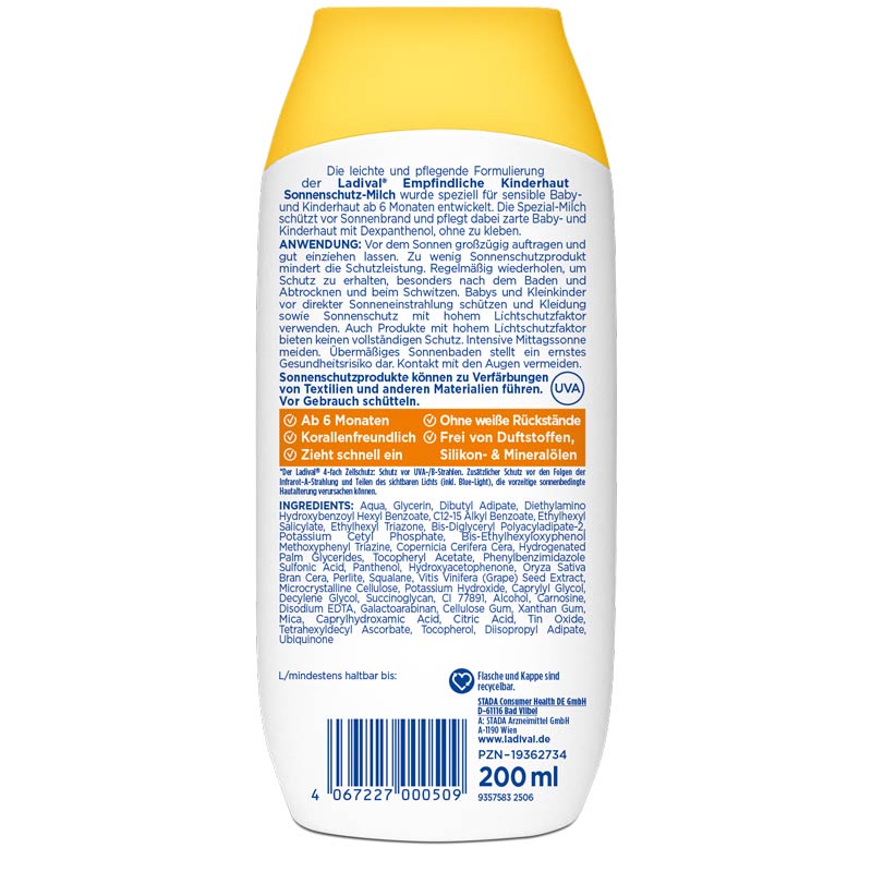 Ladival Empfindliche Kinderhaut Sonnenschutz-Milch LSF 50+: Sonnencreme für Kinder und Babys ab 6 Monaten, extra wasserfest, mit 4-fach Zellschutz, 200ml