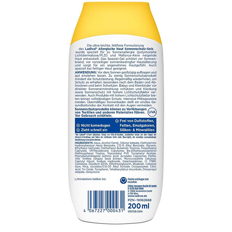 Ladival Allergische Haut Sonnenschutz-Gel LSF 50+: Sonnencreme für den Körper bei Sonnenallergie und Mallorca-Akne, wasserfest, mit 4-fach Zellschutz, 200ml