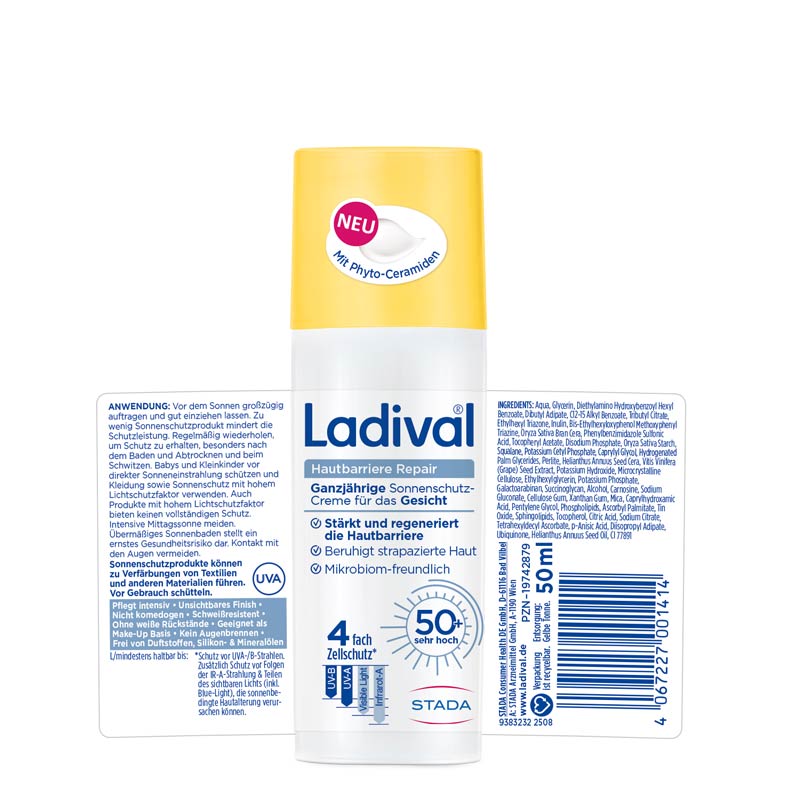 Ladival Hautbarriere Repair Sonnenschutz-Creme Gesicht LSF 50+: Sonnencreme, Feuchtigkeitscreme bei Neigung zu Neurodermitis und strapazierter Haut, stärkt und regeneriert die Hautbarriere, mit Präbiotikum & Phyto-Ceramiden, 50 ml