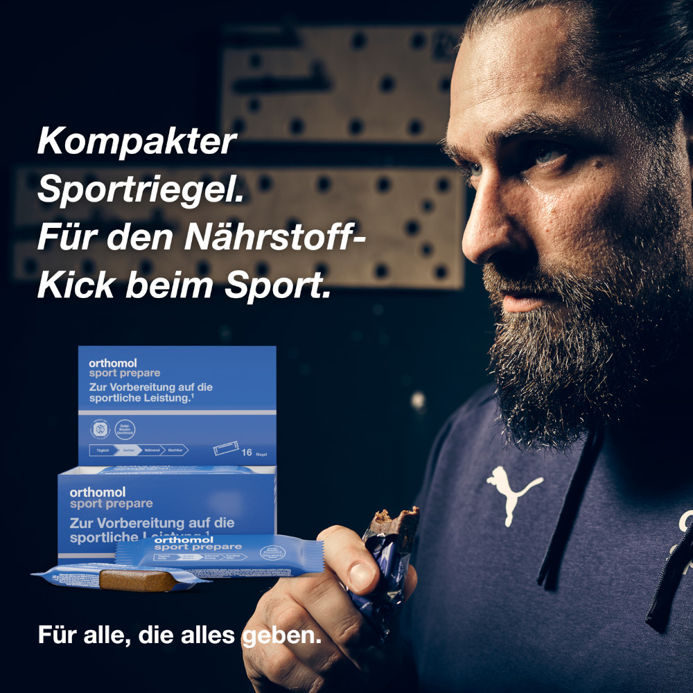 orthomol sport prepare - Fruchtriegel mit Kreatin, Koffein und BCAA - Einnahme vor dem Training - Schoko-Mandel-Dattel-Geschmack - Riegel