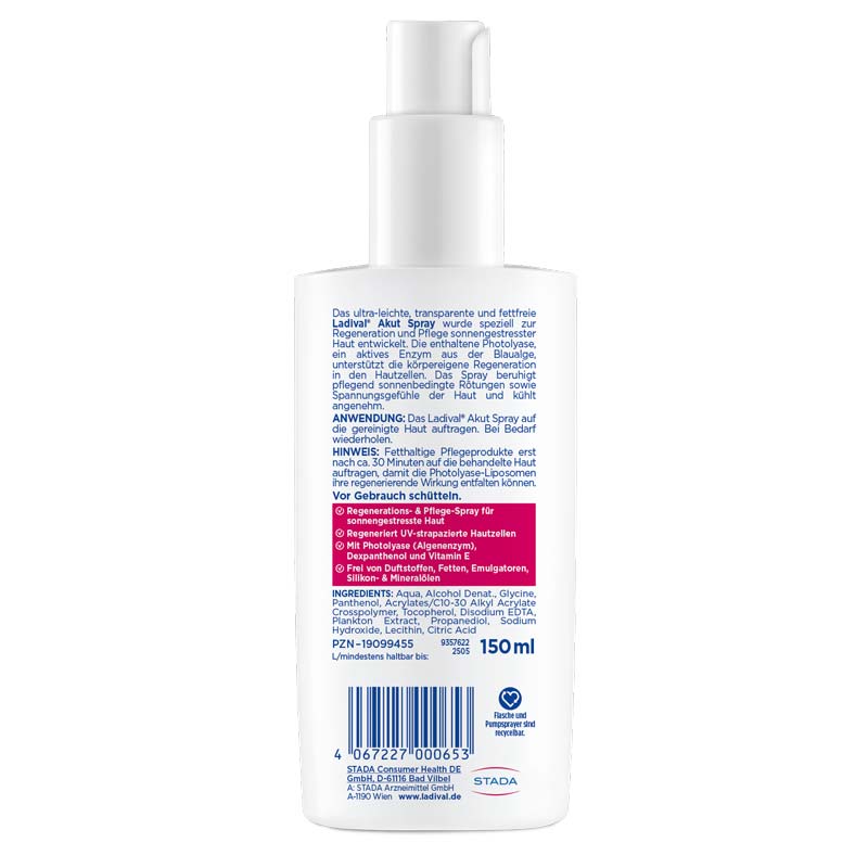 Ladival Sonnengestresste Haut Akut Spray, After Sun Repair für den Körper, regeneriert mit Photolyase, feuchtigkeitsspendend und kühlend, mit Panthenol und Vitamin E, 150ml