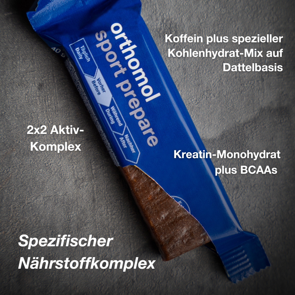 orthomol sport prepare - Fruchtriegel mit Kreatin, Koffein und BCAA - Einnahme vor dem Training - Schoko-Mandel-Dattel-Geschmack - Riegel